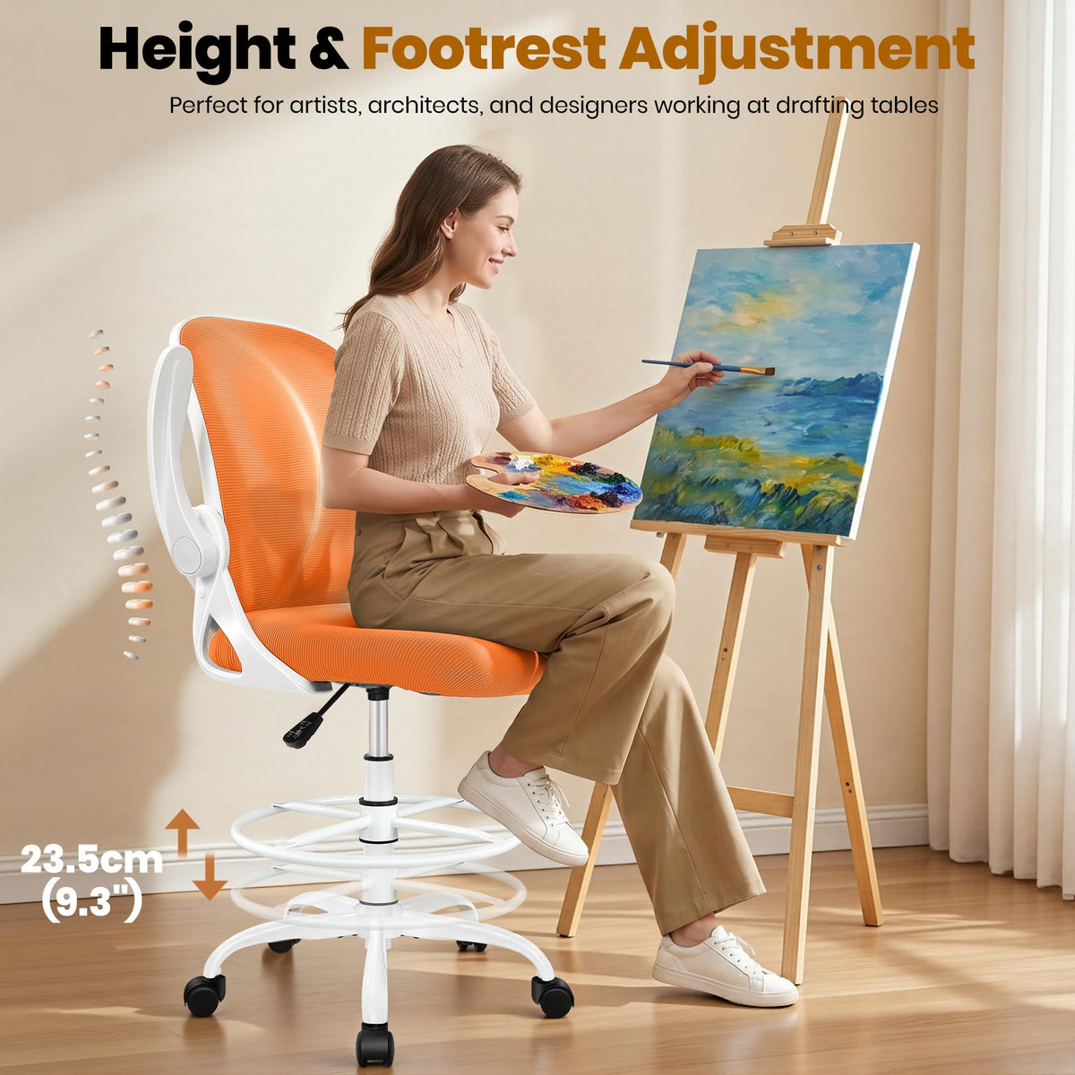 Tall Ergonomic Drafting Chair with Flip-up Armrests and Footrest Ring U42658