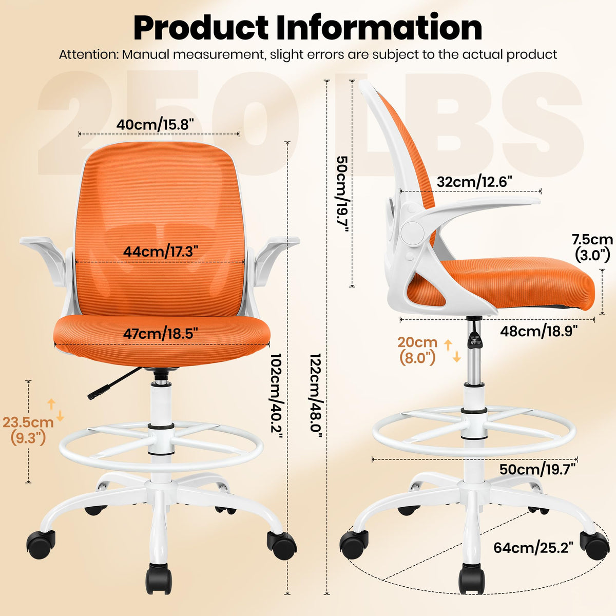 Tall Ergonomic Drafting Chair with Flip-up Armrests and Footrest Ring U42658