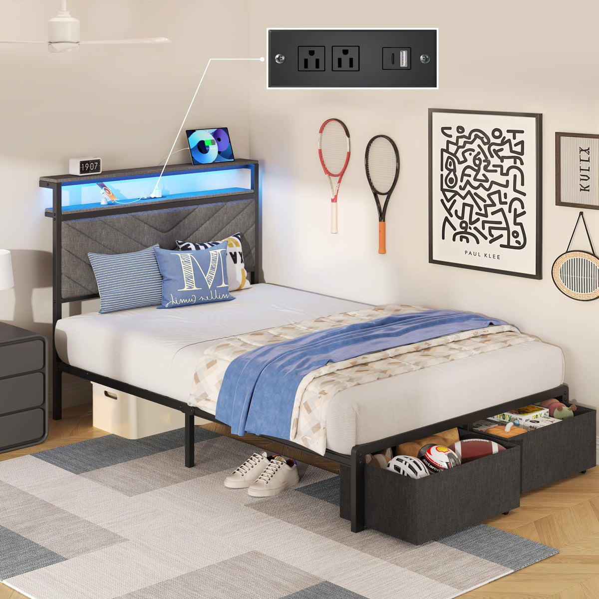 Grey Twin Bed Frame with Charging Station, LED Lights & 2 Storage Drawers V52116