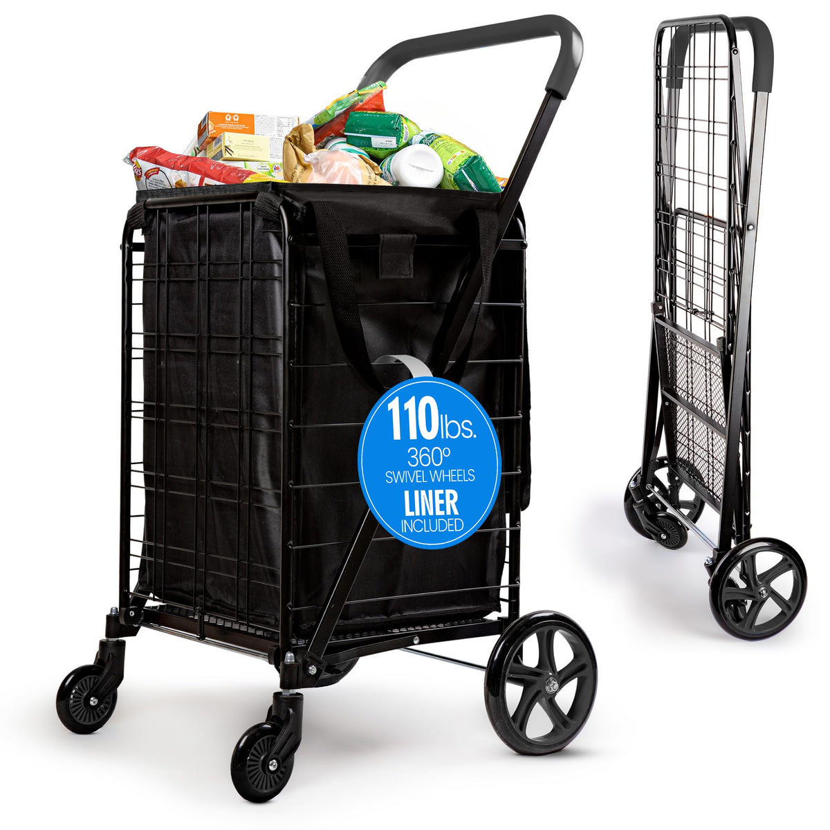 Large Folding Utility Shopping Cart with Removable Liner, 110 lb Capacity, Black J4845