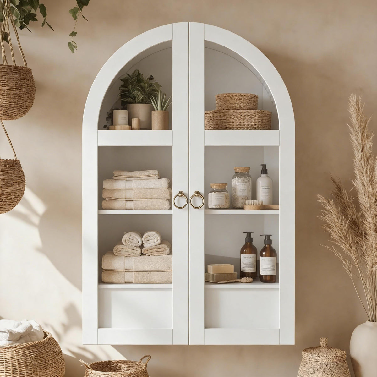 White Arched Bathroom Wall Cabinet with Tempered Glass Door and Adjustable Shelf J370