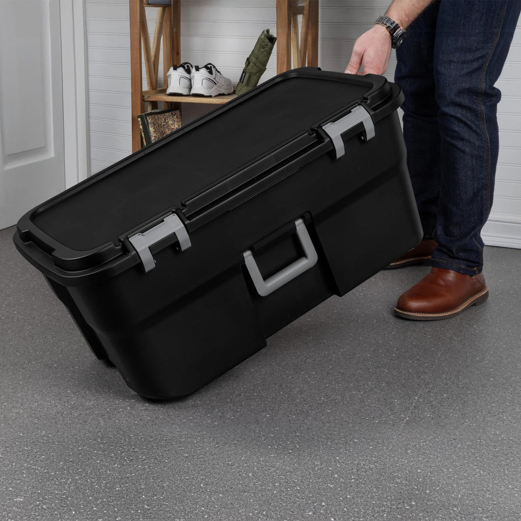 22 Gallon Black Wheeled Plastic Storage Trunk with Latching Lid A2593