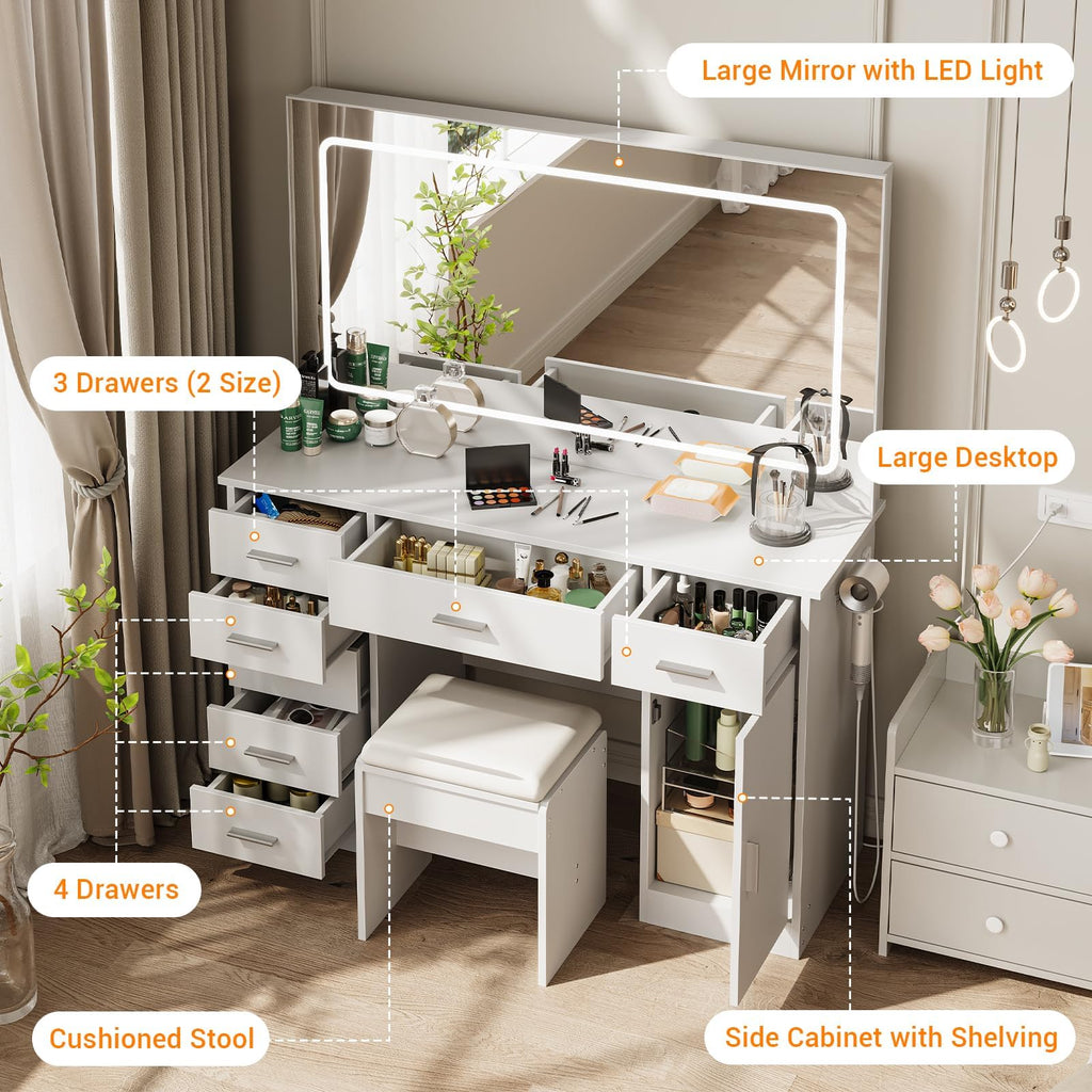 White 7 Drawer Vanity Desk with LED Mirror X7164