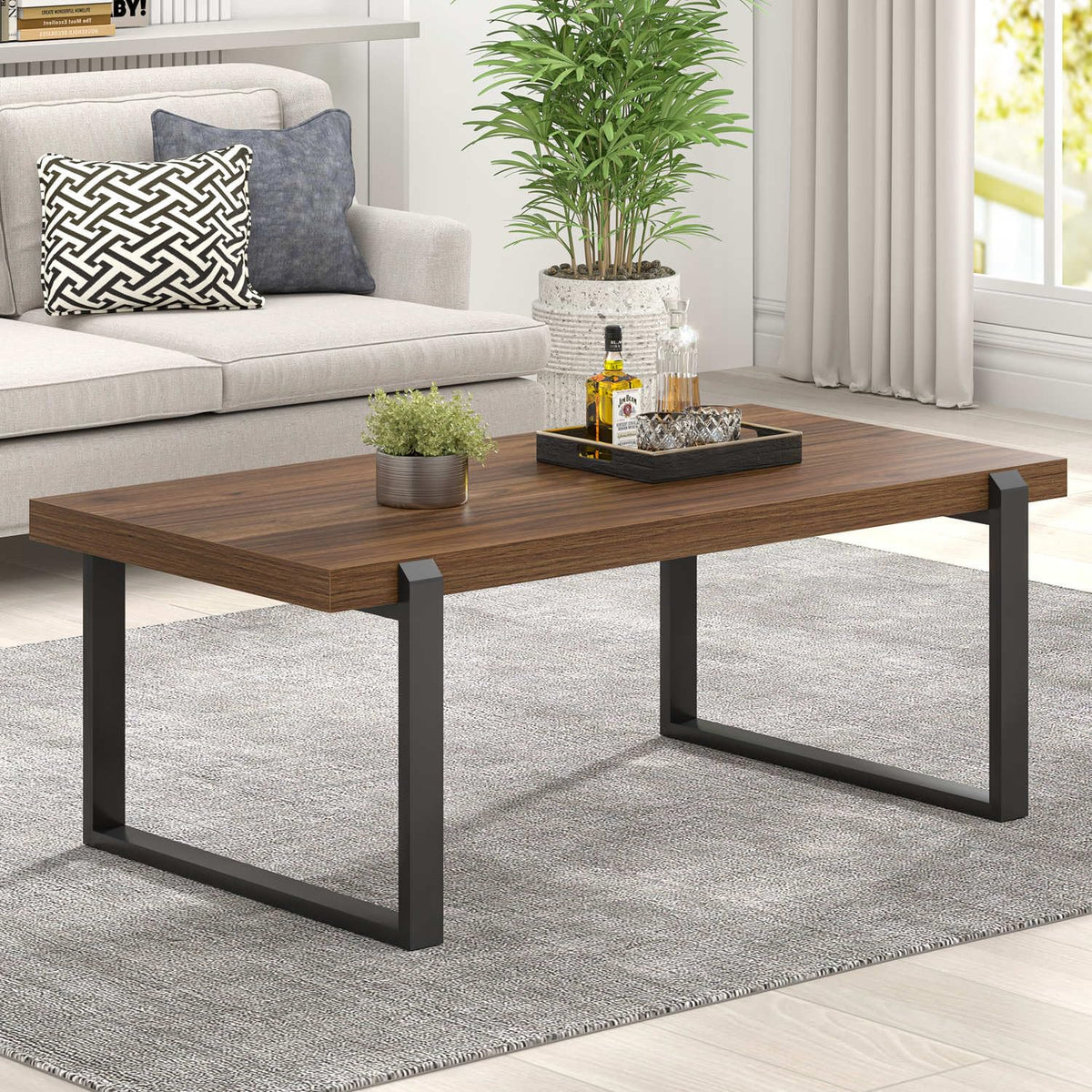 Walnut 44 Inch Wood and Metal Coffee Table B374366
