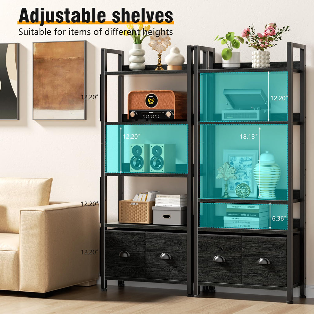 5-Tier Black Oak Bookshelf with 2 Storage Drawers Y994