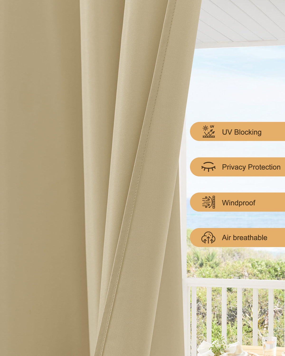 Waterproof Rod Pocket Outdoor Curtains 6 Pcs 54x84 Inch Cream K5638