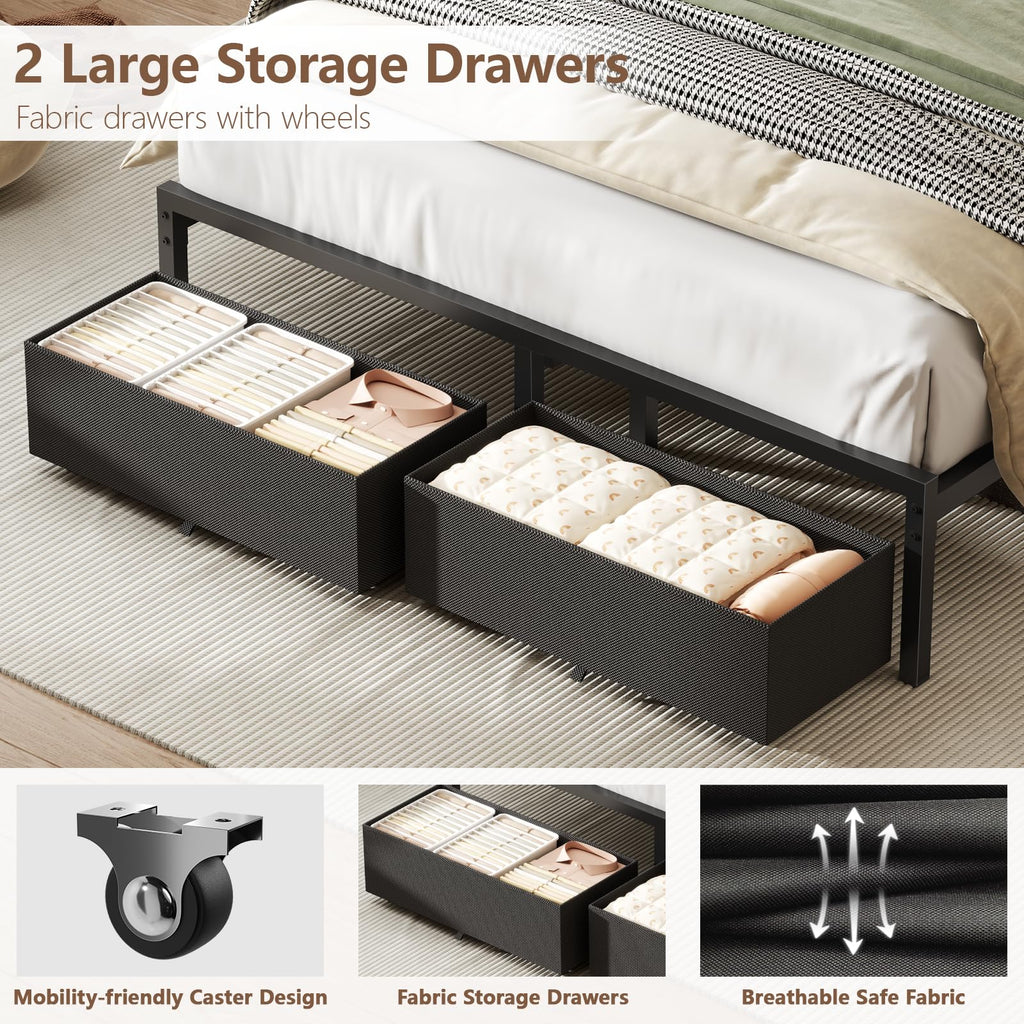 Full Size Bed Frame with Upholstered Headboard & 2 Storage Drawers W929785