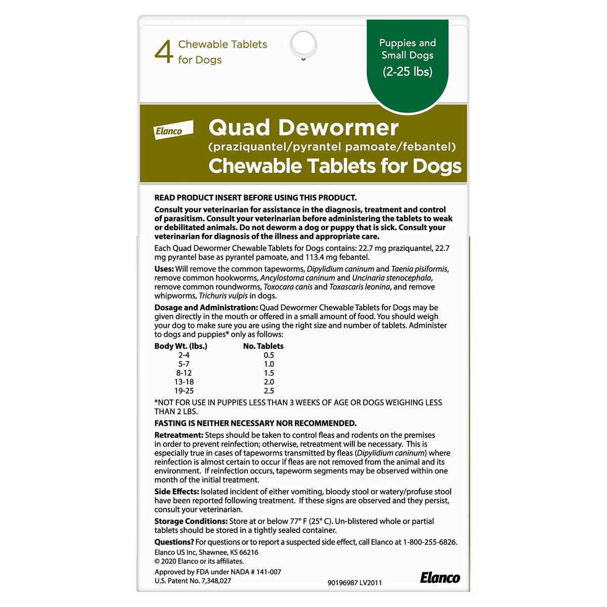 Chewable Dewormer for Small Dogs, 2-25 lbs, 4 Tablets S1939