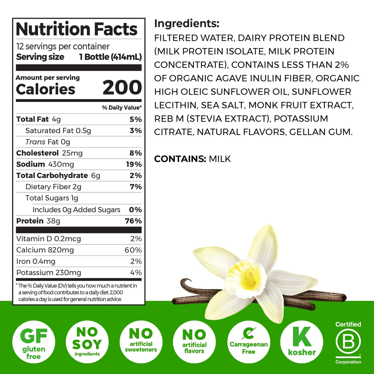 High Protein Grass-Fed Shake, Vanilla, 14 oz, 12pk H80267