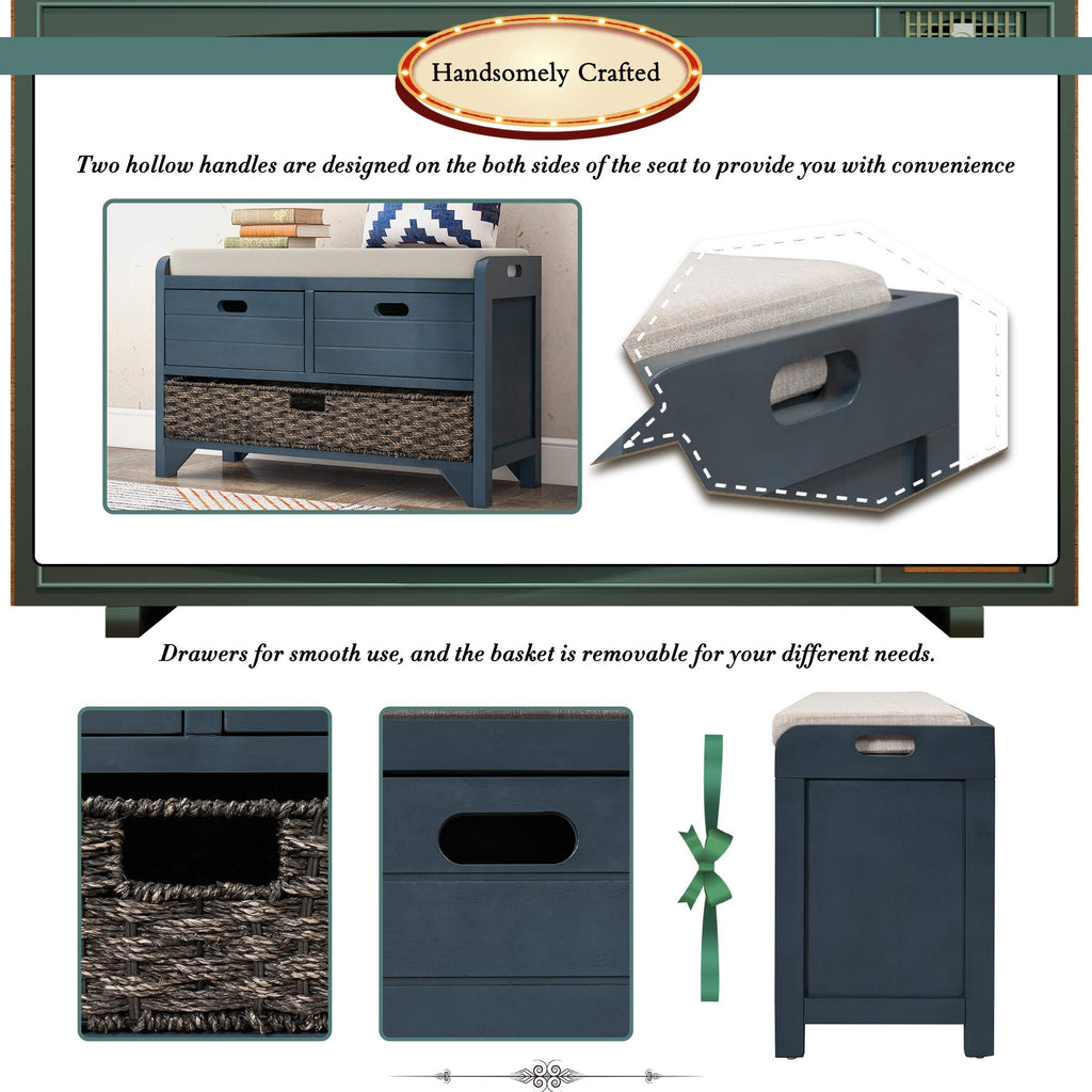 Navy Storage Bench with Drawers and Basket B29841