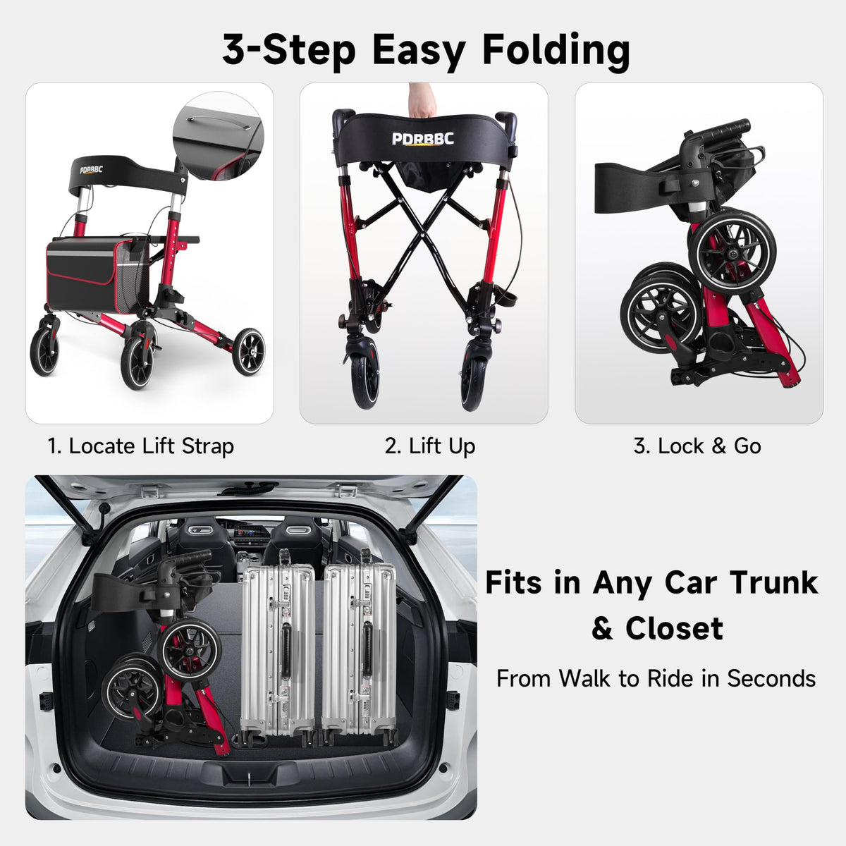 Red Foldable Lightweight Aluminum Rollator Walker with Seat and Brakes A294