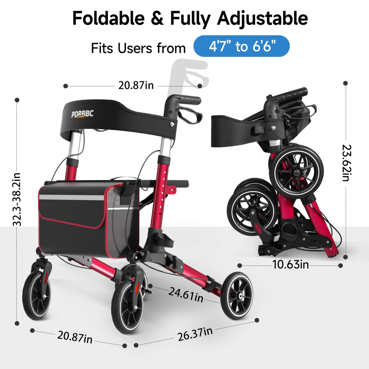 Red Foldable Lightweight Aluminum Rollator Walker with Seat and Brakes A294