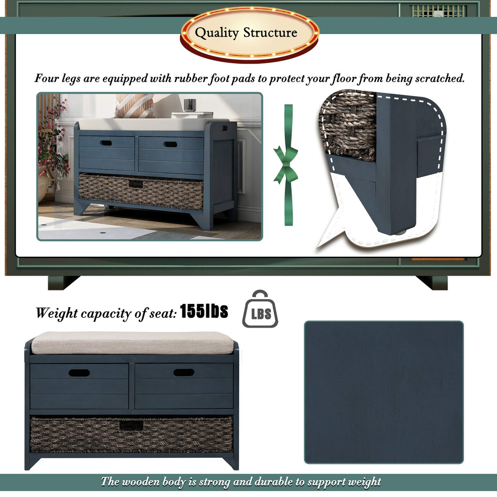 Navy Storage Bench with Drawers and Basket B29841