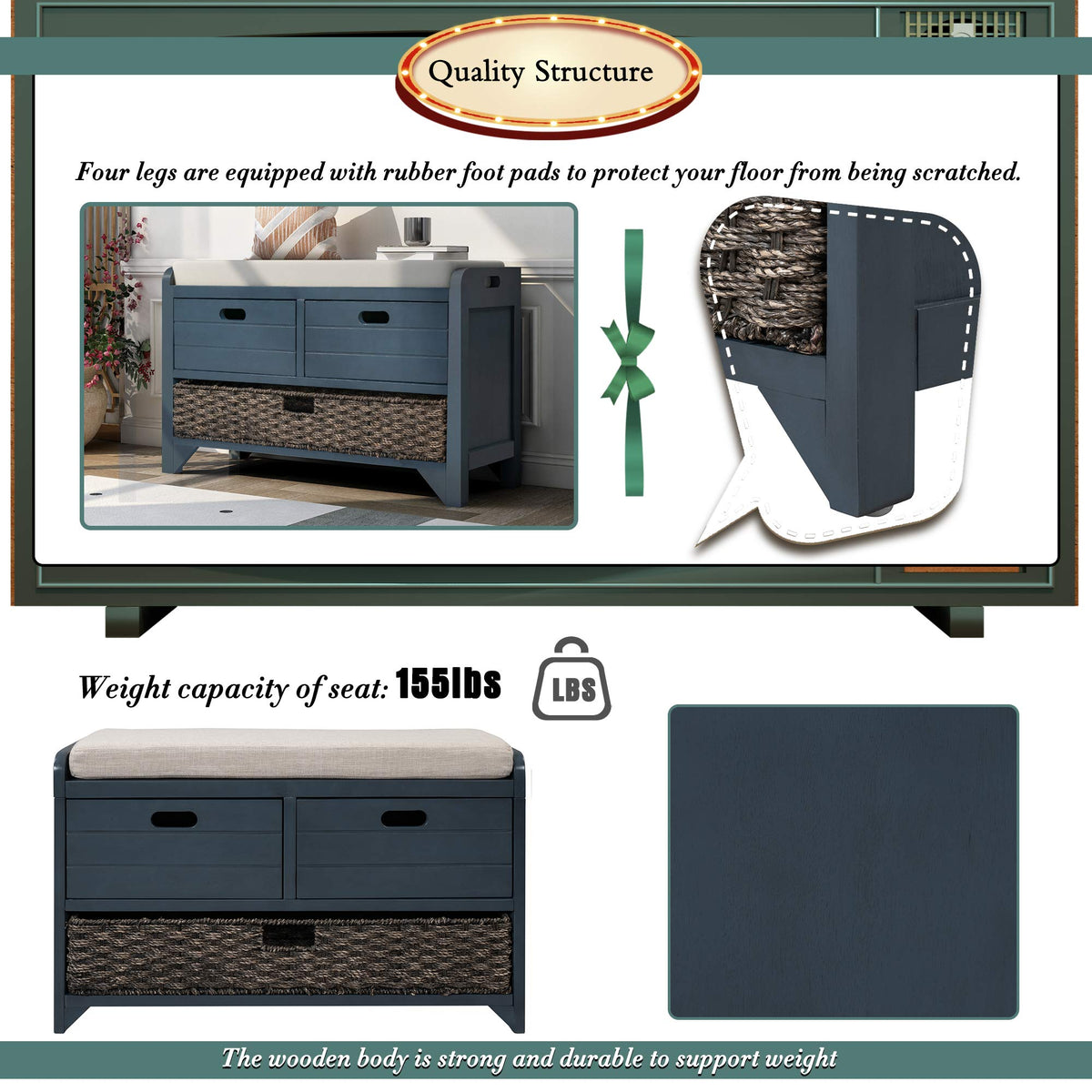 Navy Storage Bench with Drawers and Basket B29841