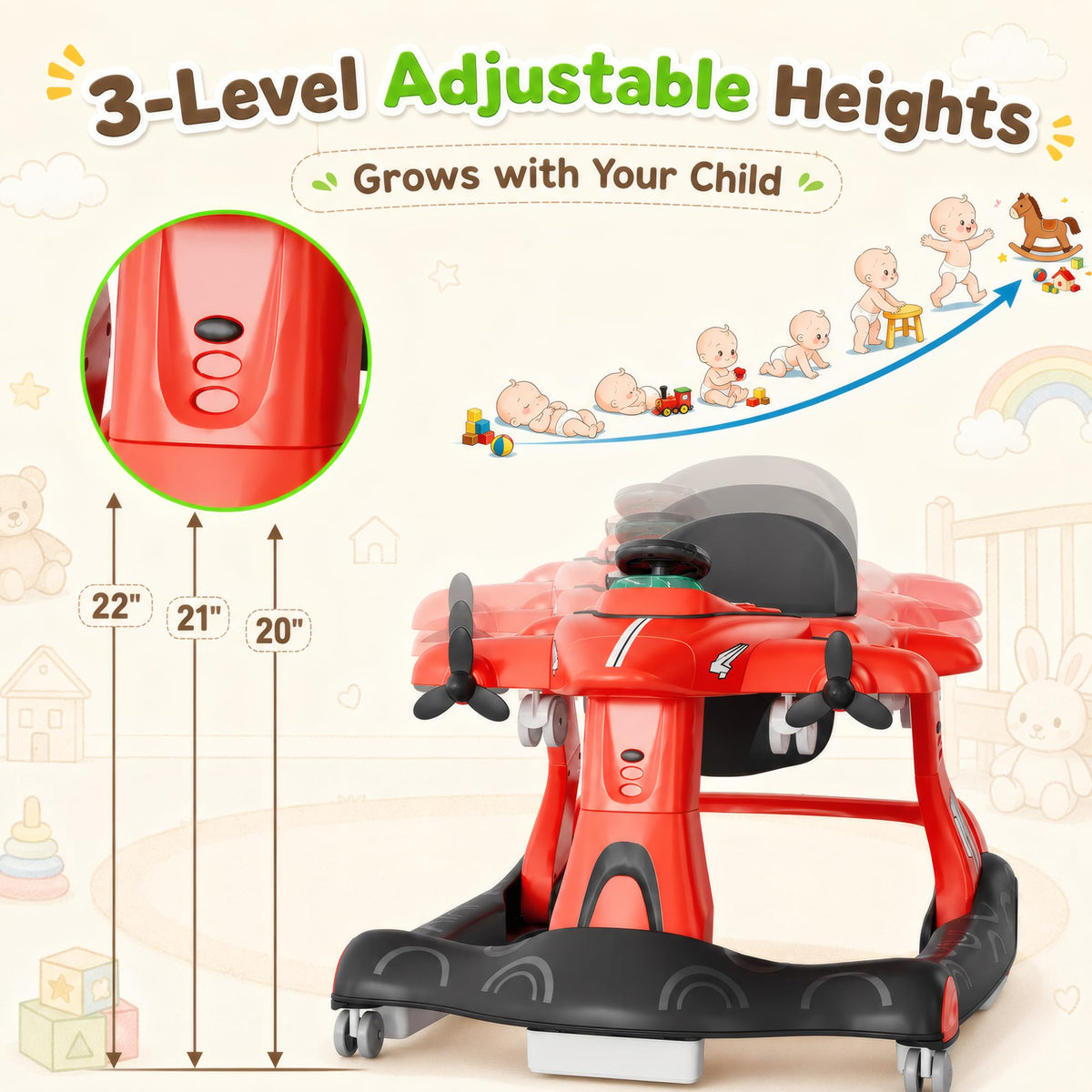6-in-1 Baby Walker with Wheels, Adjustable Height & Speed V11333