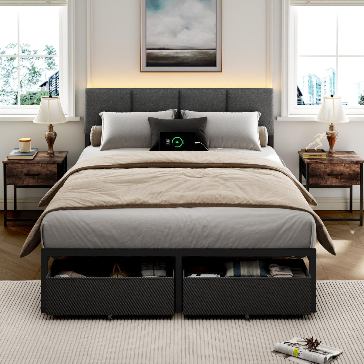 Full Size Bed Frame with Upholstered Headboard & 2 Storage Drawers W929785