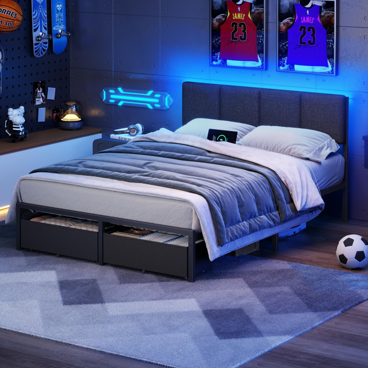 Full Size Bed Frame with Upholstered Headboard & 2 Storage Drawers W929785