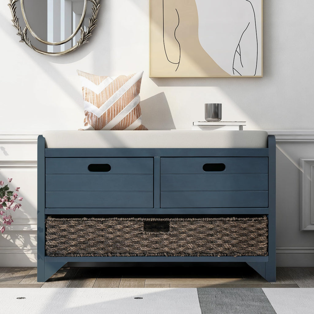 Navy Storage Bench with Drawers and Basket B29841