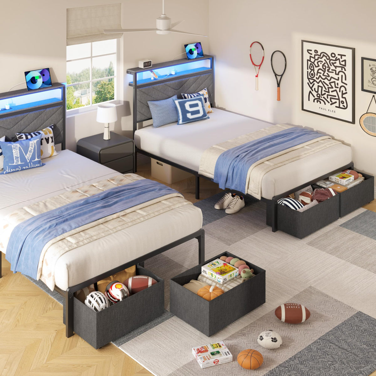 Grey Twin Bed Frame with Charging Station, LED Lights & 2 Storage Drawers V52116