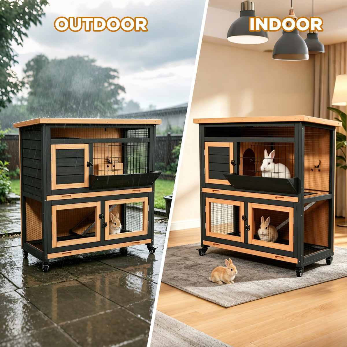 2-Story Wooden Rabbit Hutch with Wheel M10921