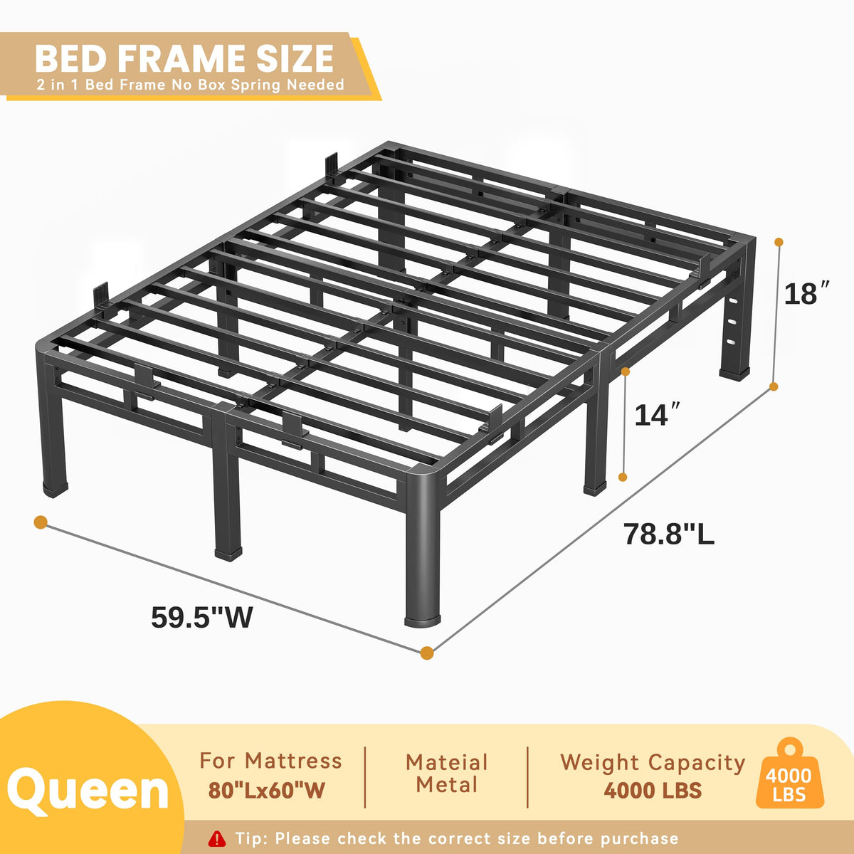 Queen 18 Inch Tall Metal Platform Bed Frame Y319