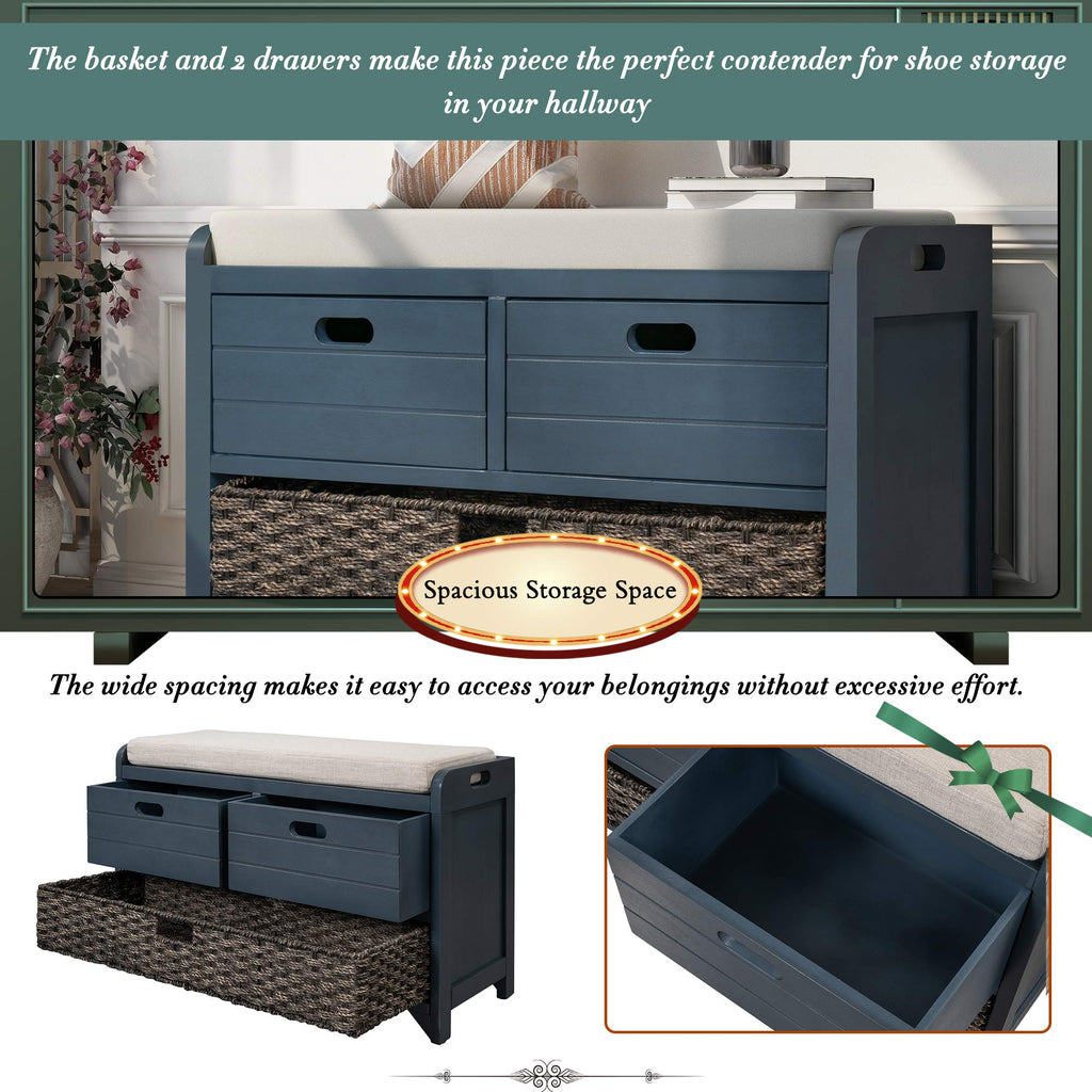 Navy Storage Bench with Drawers and Basket B29841