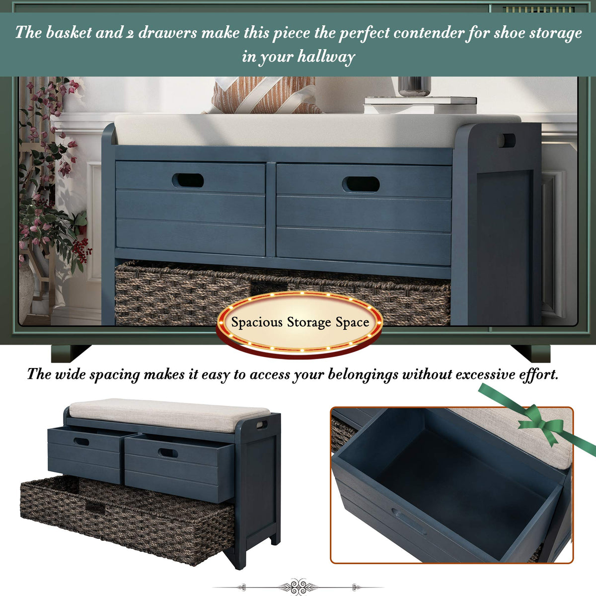 Navy Storage Bench with Drawers and Basket B29841