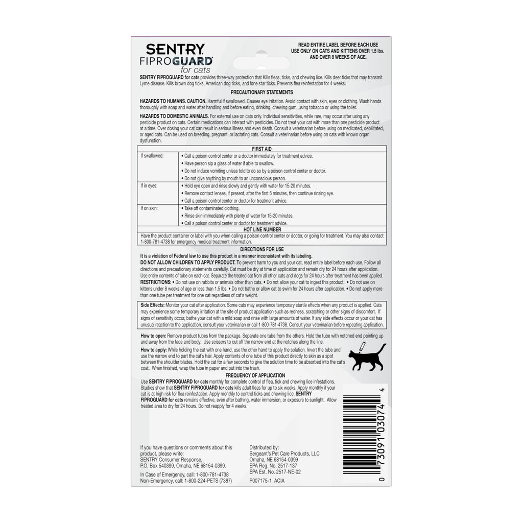 Flea & Tick Cats 1.5 lbs+ Fipronil 6-Month I5095