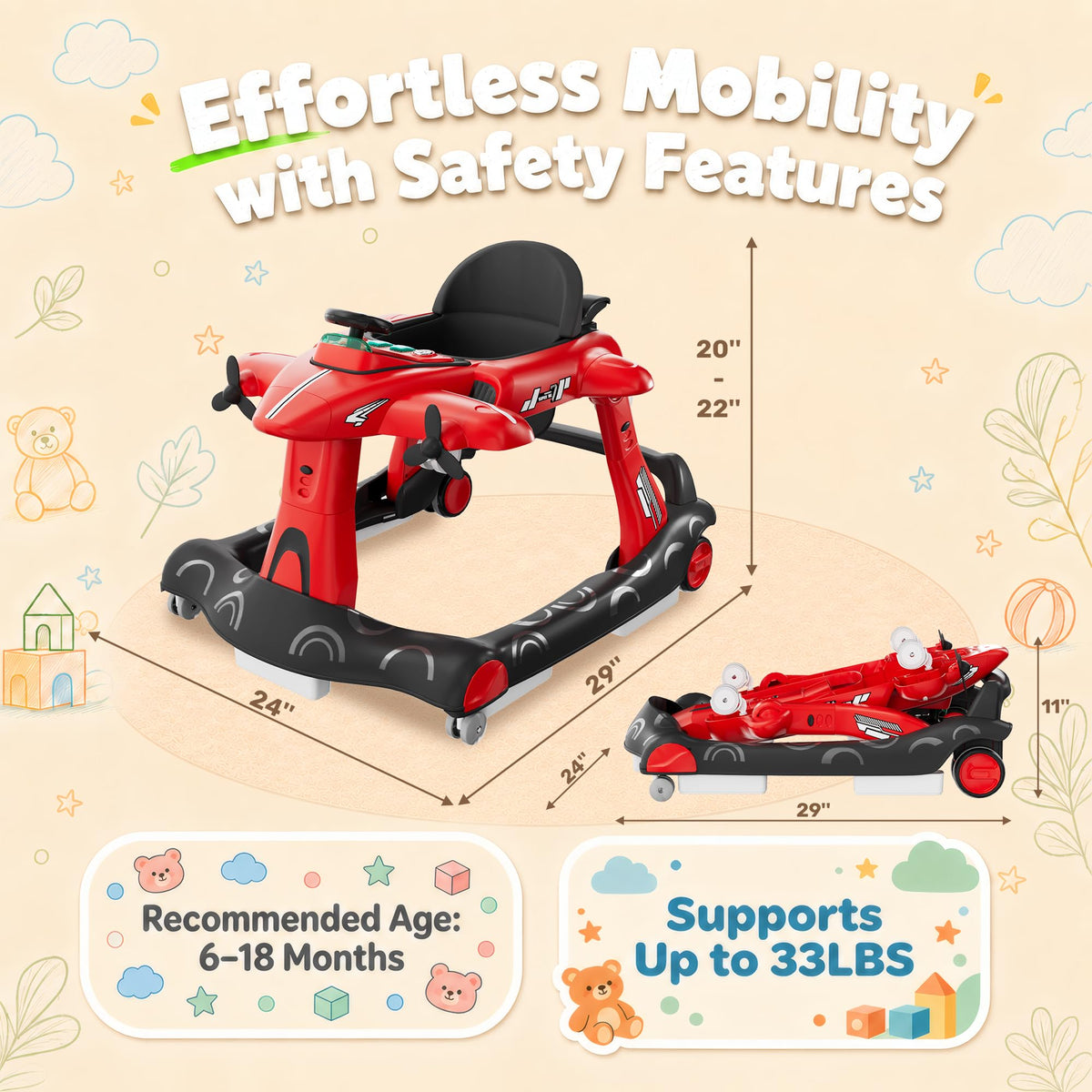 6-in-1 Baby Walker with Wheels, Adjustable Height & Speed V11333