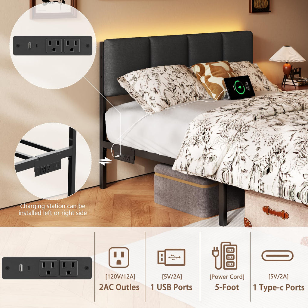 Full Size Bed Frame with Upholstered Headboard & 2 Storage Drawers W929785