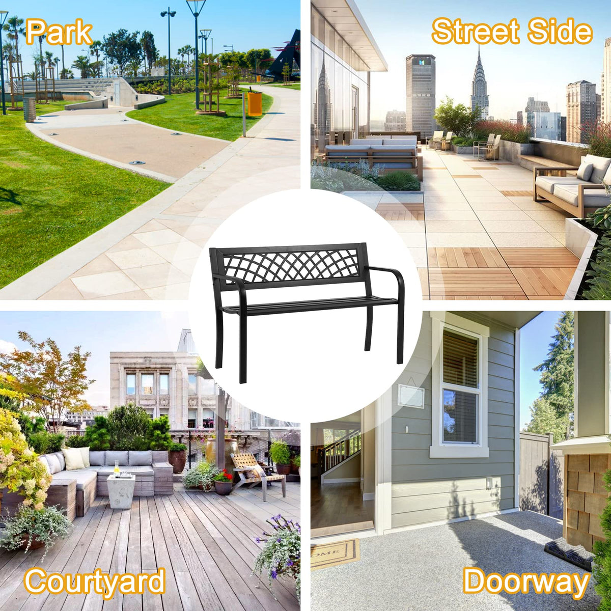 Black Cast Iron Outdoor Garden Bench with Mesh Backrest G607