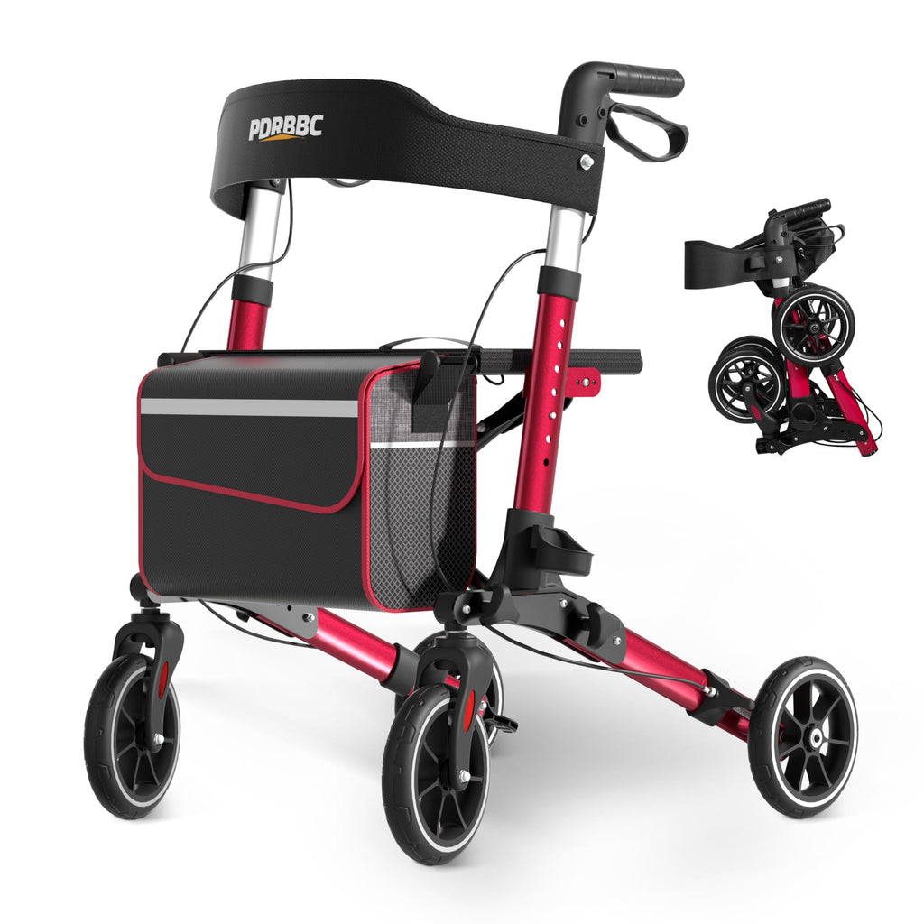 Red Foldable Lightweight Aluminum Rollator Walker with Seat and Brakes A294