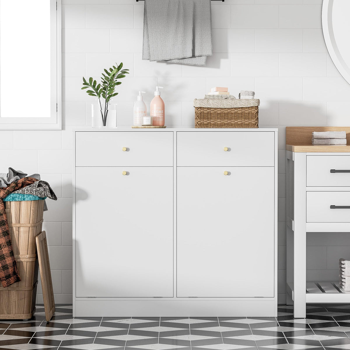 White Double Tilt Out Trash Can Cabinet with 2 Drawers V629