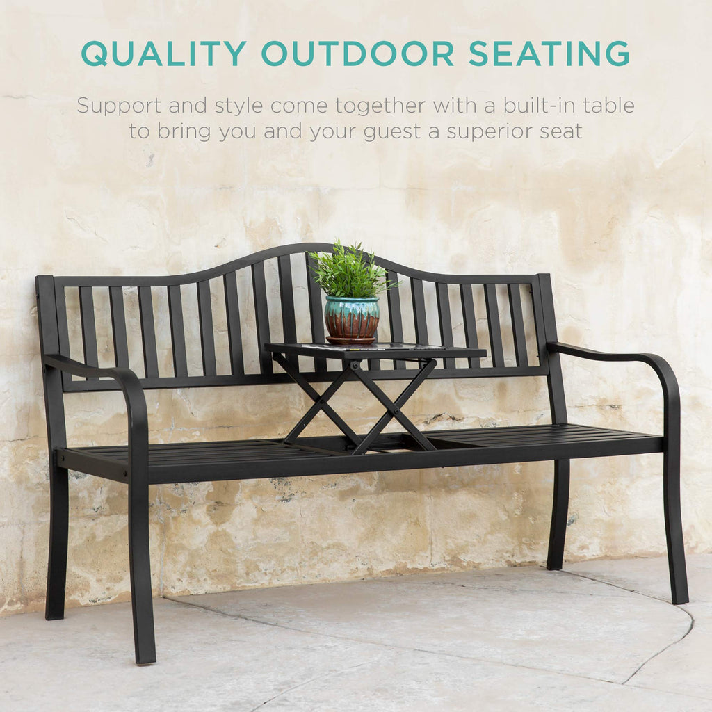 Black Steel Outdoor Garden Bench with Pullout Middle Table K506