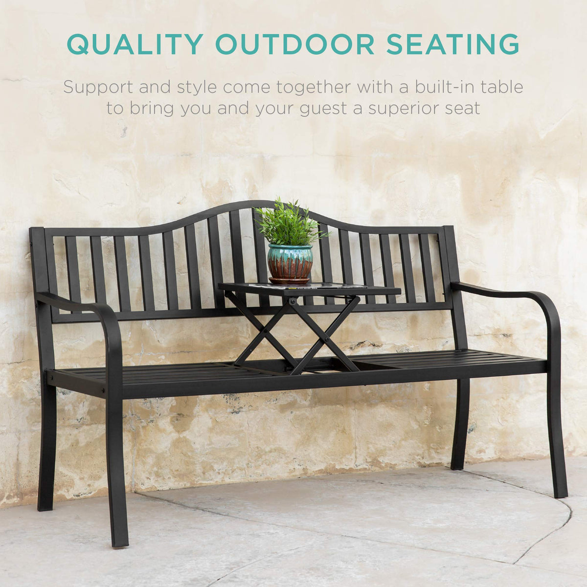 Black Steel Outdoor Garden Bench with Pullout Middle Table K506