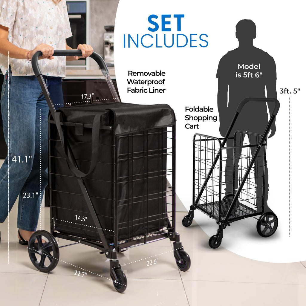 Large Folding Utility Shopping Cart with Removable Liner, 110 lb Capacity, Black J4845