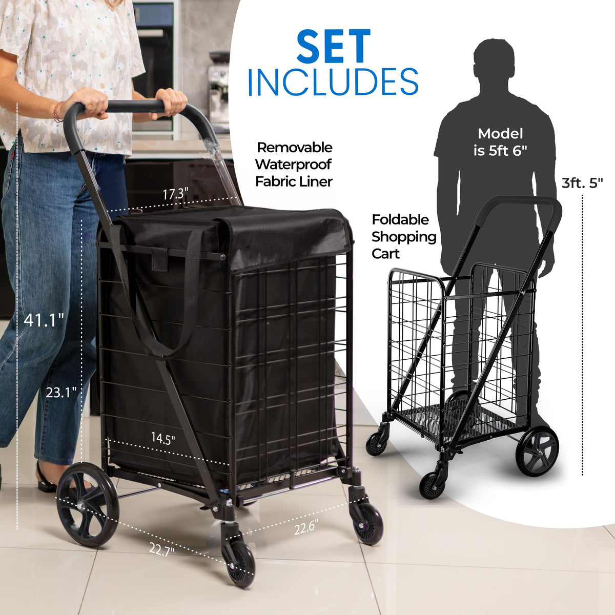 Large Folding Utility Shopping Cart with Removable Liner, 110 lb Capacity, Black J4845