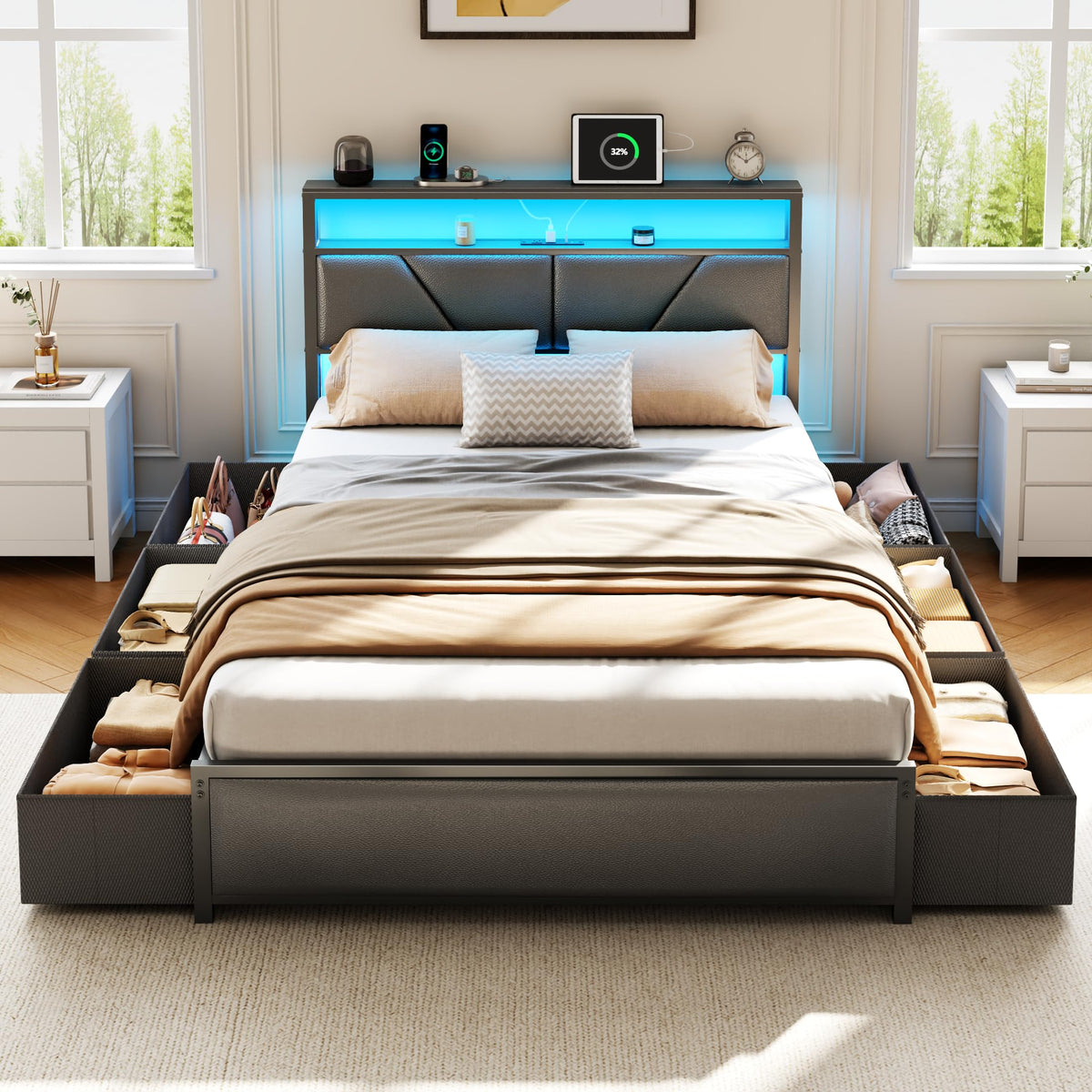 Full Size Bed Frame with Storage Headboard K8086