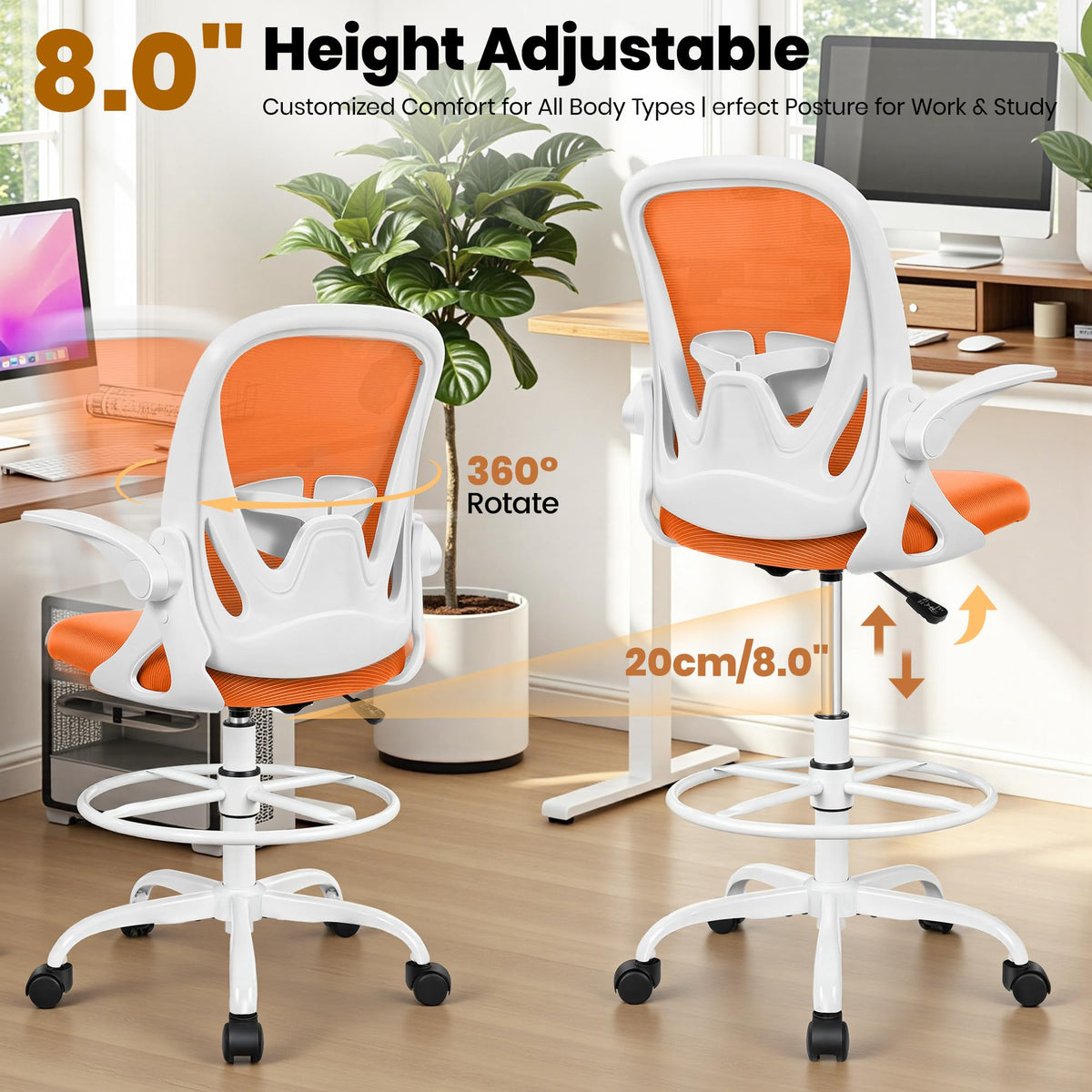 Tall Ergonomic Drafting Chair with Flip-up Armrests and Footrest Ring U42658