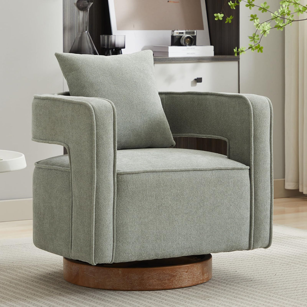Green Linen Swivel Accent Barrel Chair Set of 2 with Solid Wood Base T7178