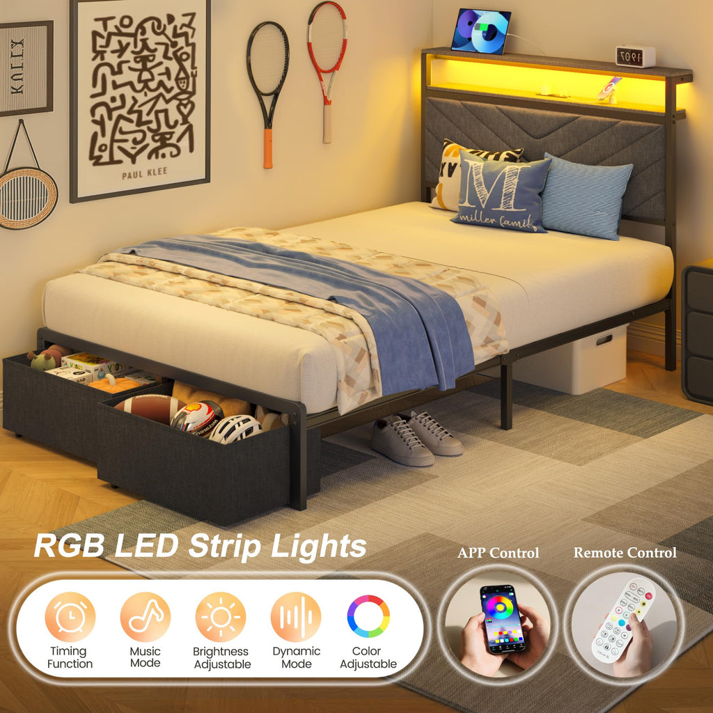 Grey Twin Bed Frame with Charging Station, LED Lights & 2 Storage Drawers V52116