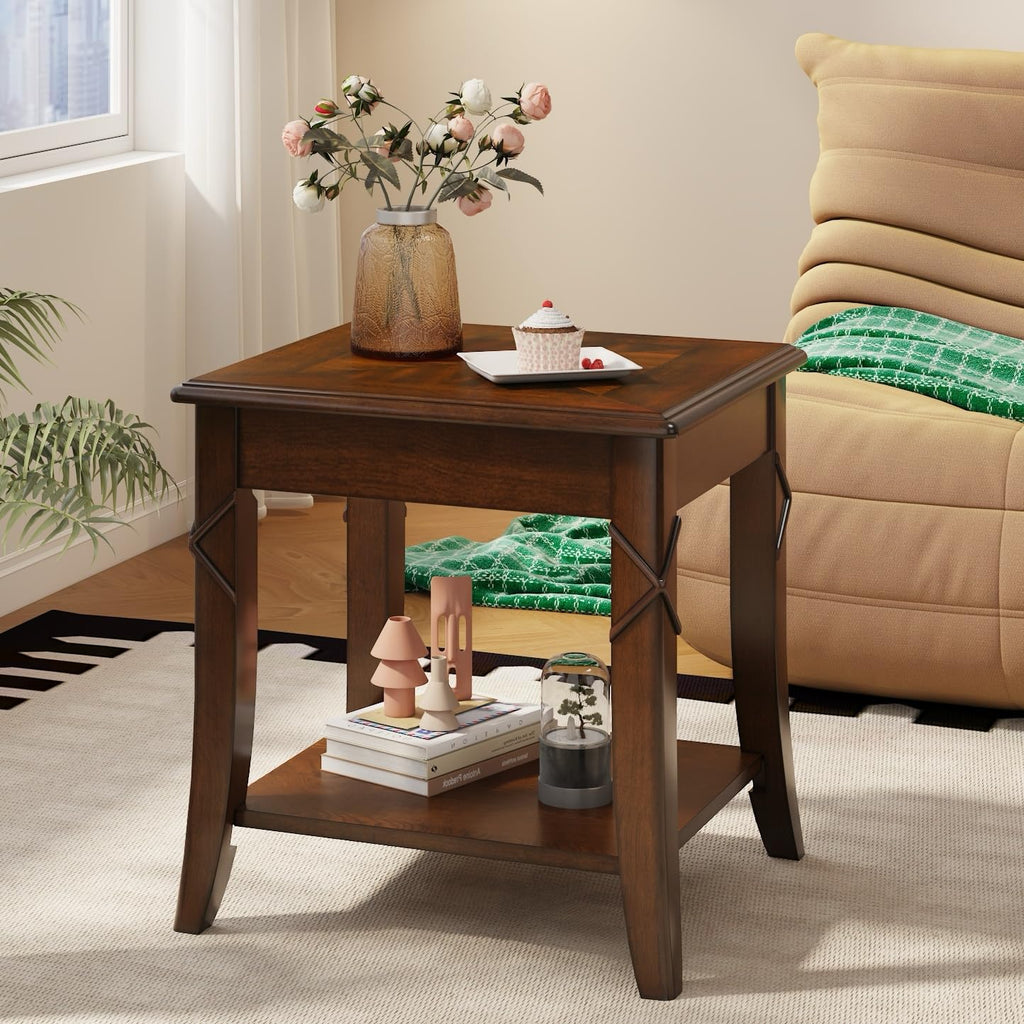 Solid Wood Side End Table with Storage Shelf W57314