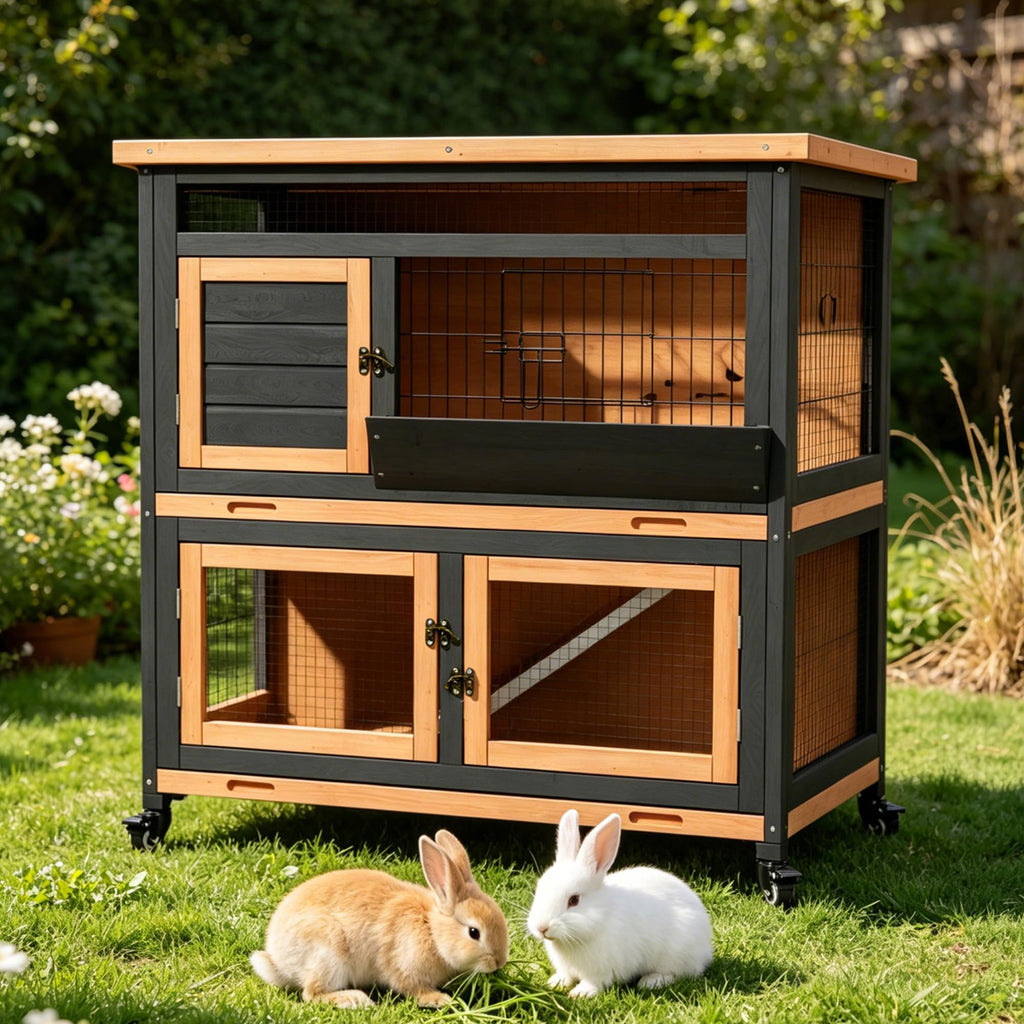2-Story Wooden Rabbit Hutch with Wheel M10921