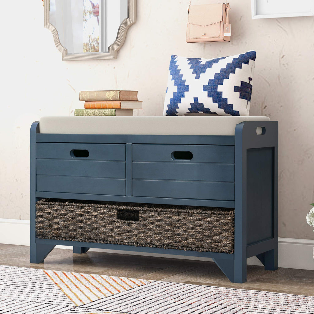Navy Storage Bench with Drawers and Basket B29841