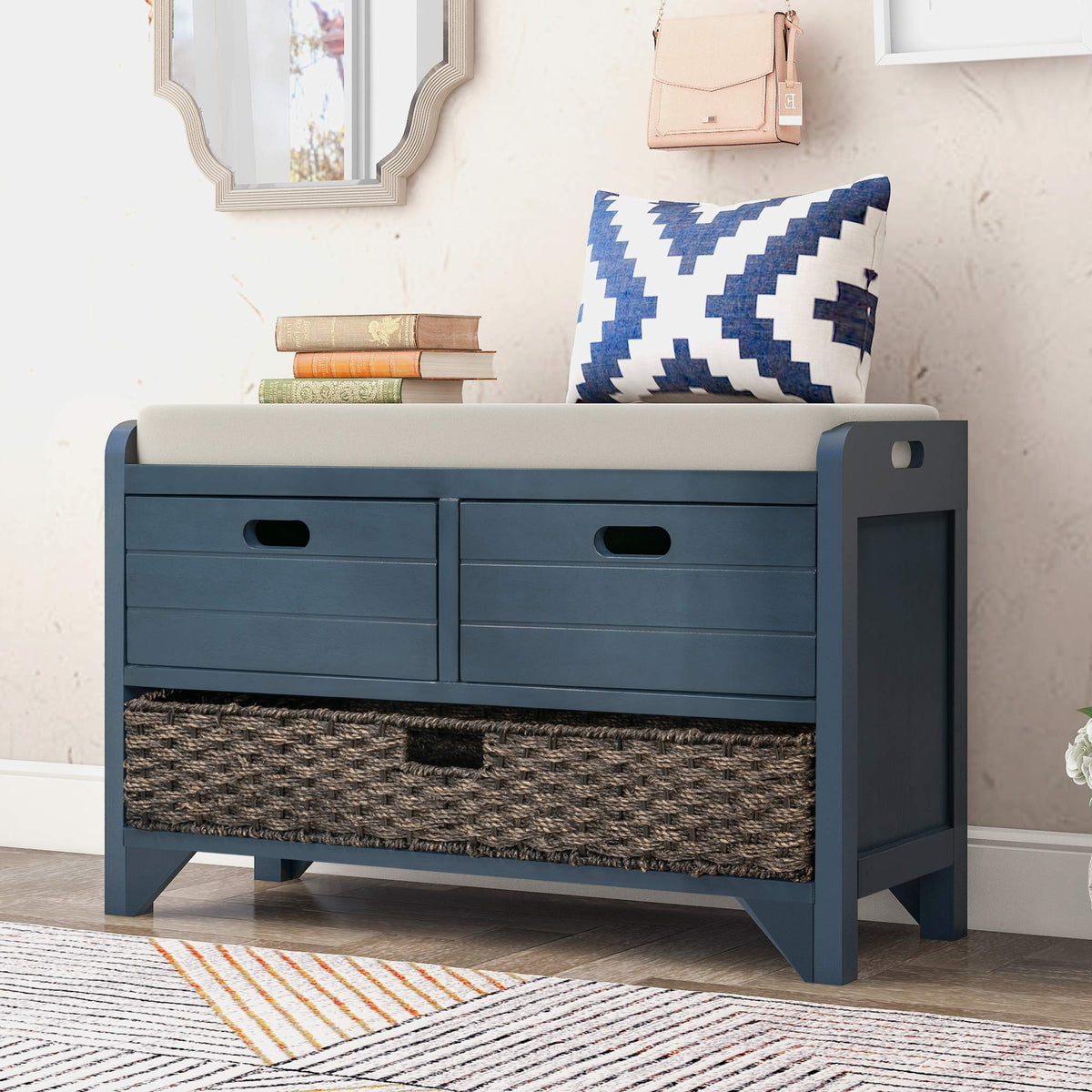 Navy Storage Bench with Drawers and Basket B29841