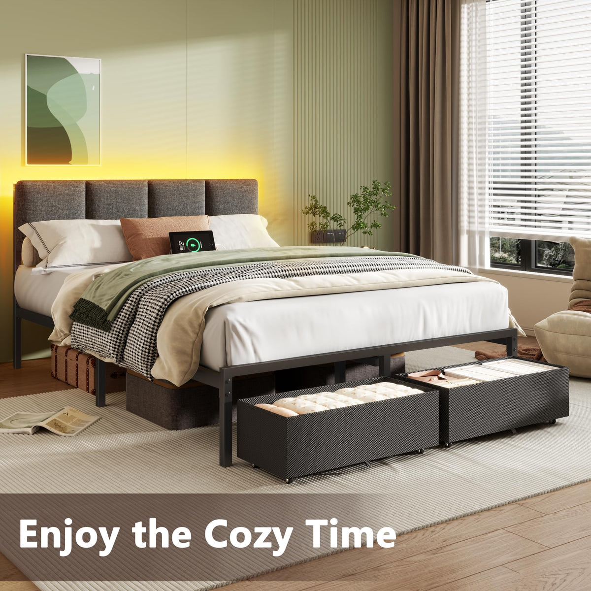 Full Size Bed Frame with Upholstered Headboard & 2 Storage Drawers W929785