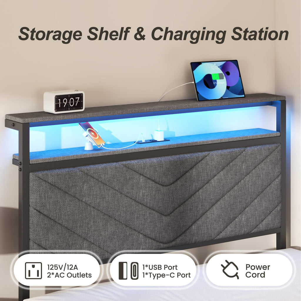 Grey Twin Bed Frame with Charging Station, LED Lights & 2 Storage Drawers V52116