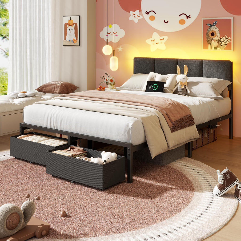 Full Size Bed Frame with Upholstered Headboard & 2 Storage Drawers W929785