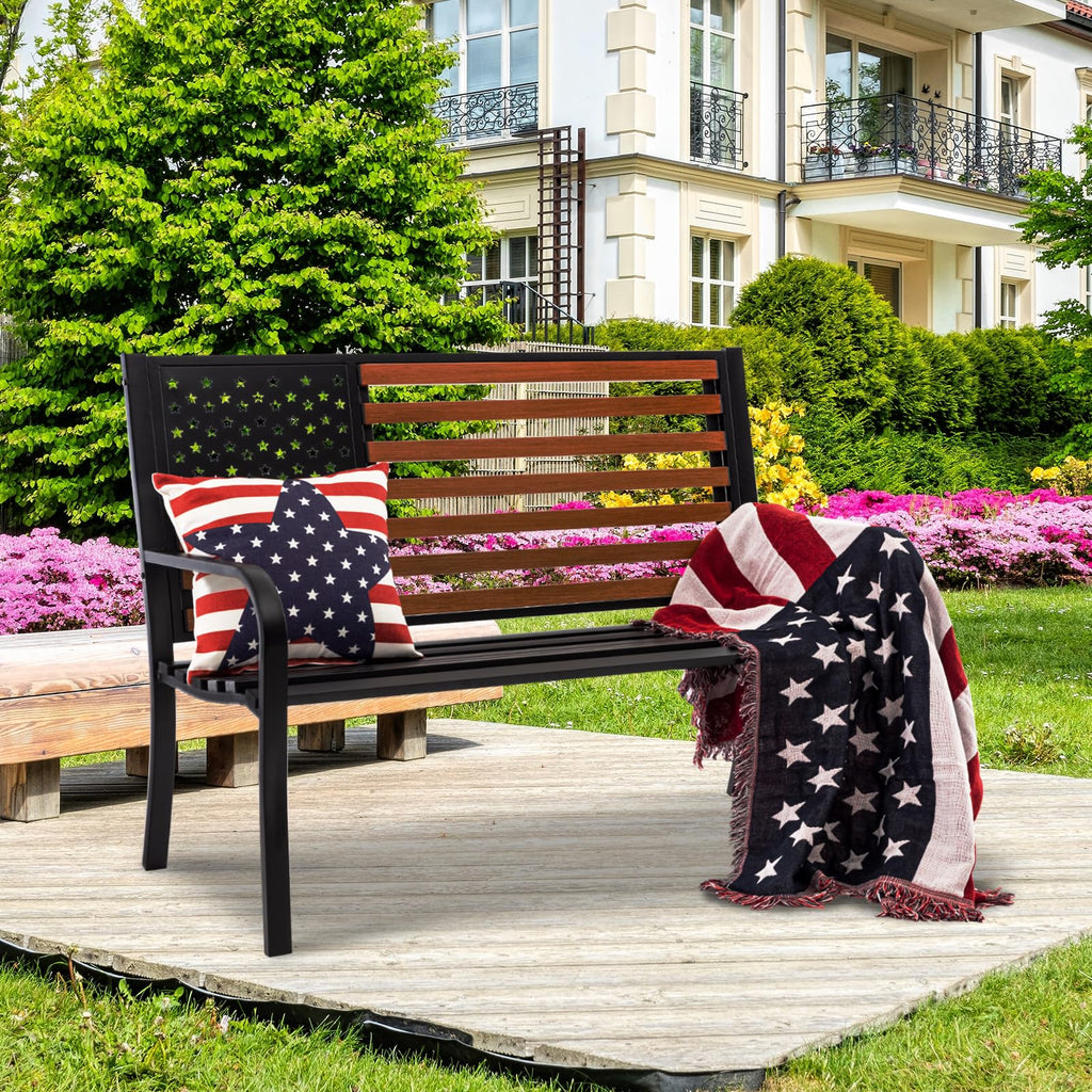 50” Outdoor Garden Bench with Flag Style Cast Iron Metal Frame I553805
