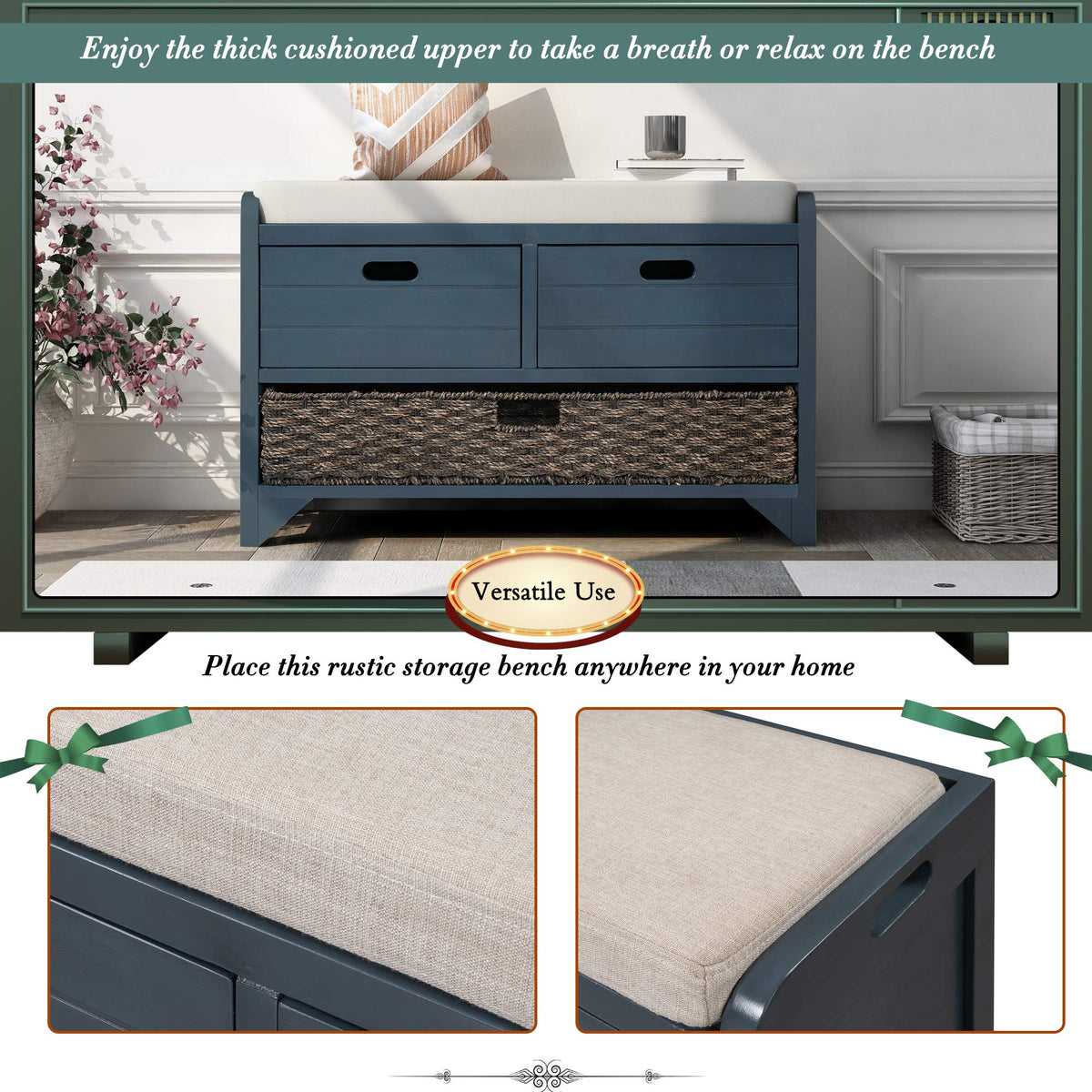 Navy Storage Bench with Drawers and Basket B29841